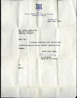 Canadian Naturalization Certificates and Correspondence